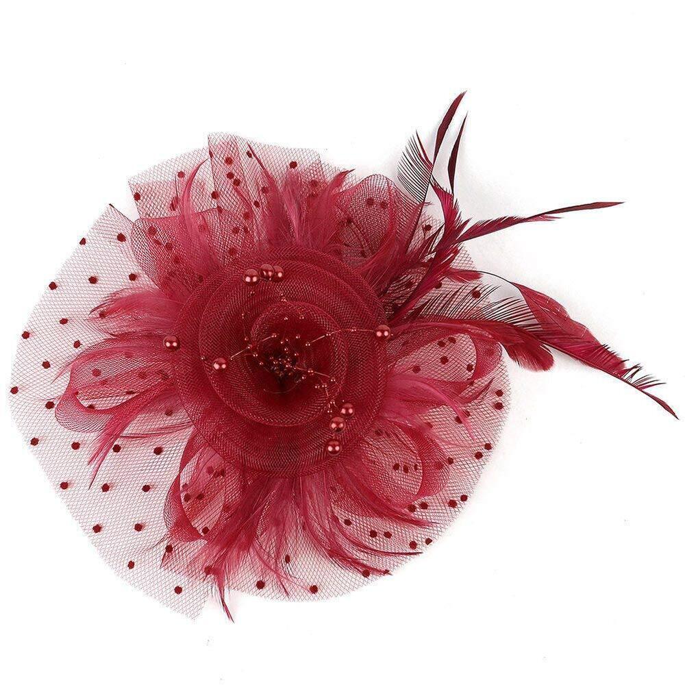 4149 1920s Women's Burgundy Fascinator Feather Kentucky Tea Party Hat With - Picture 6 of 7